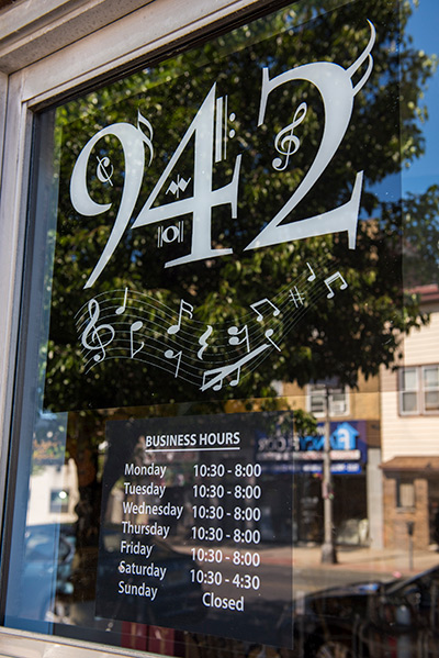 Piero's. Music Store Front Window Graphic, Bayonne, NJ