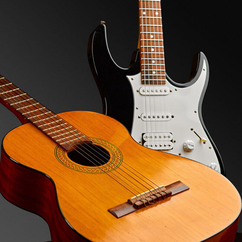 Modern electric and retro acoustic guitars